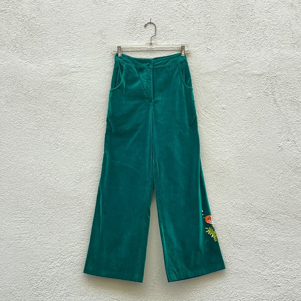 Vintage 70s Green Cotton Velvet Wide Leg Pants with Beaded Sequined Fish Small